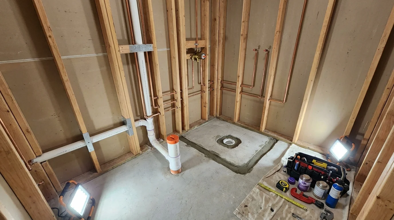 Bathroom rough-in plumbing during remodel by Johns Plumbing LLC in Newfield