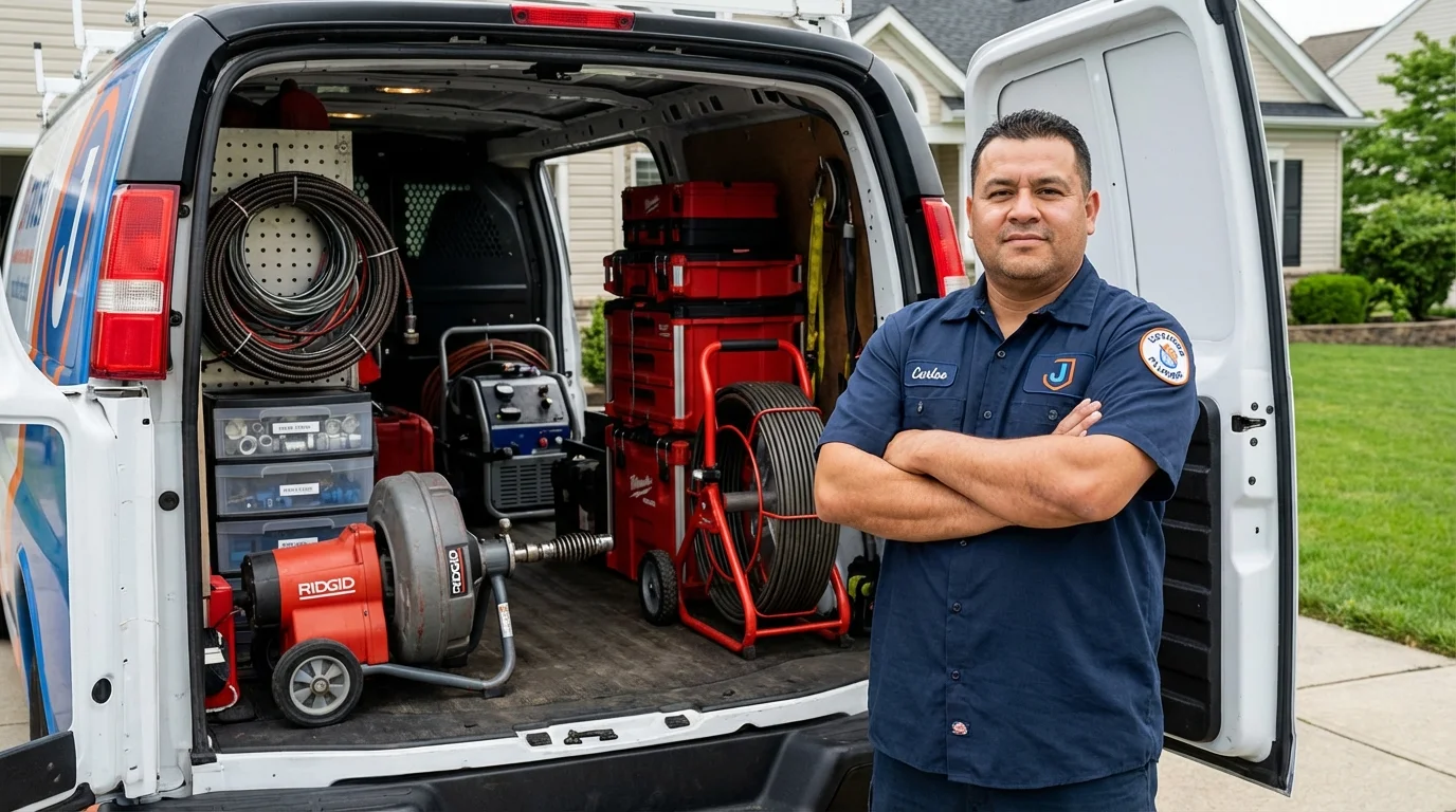 Professional drain cleaning equipment and Johns Plumbing LLC plumber in Newfield
