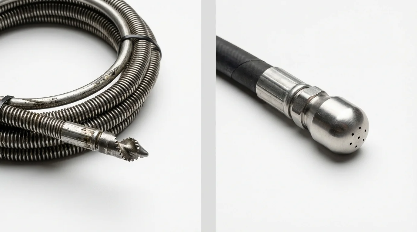 Drain snake cable and hydro jetting nozzle used for drain cleaning in Newfield, ME