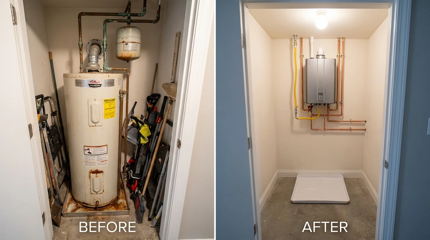 Tank water heater versus wall-mounted tankless unit comparison for Newfield, ME homeowners