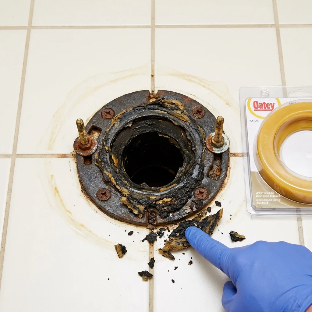 Failed wax ring showing water seepage at the base of a toilet in a Newfield, ME home